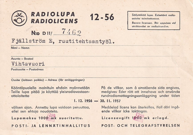 RADIOLUPA VIHTAVUORI RUUTITEHTAANTYÖLÄINEN 1957