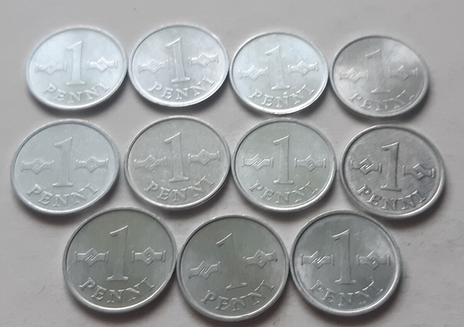 1 penni vuodet 1969 - 1979, yhteensä 11 kpl, circ