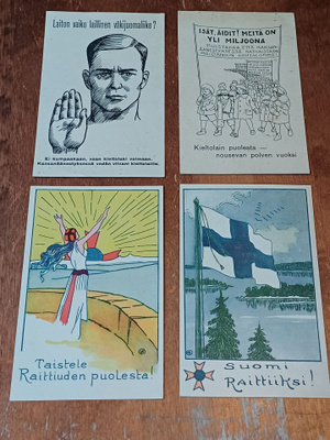 Neljä kieltolaki aiheista postikorttia.