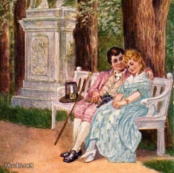 RAKKAUS / Nuori pari puistossa patsaan luona. 1900-l.
