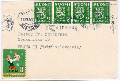 1945 2mk vihreä 4 kpl painotuote 8mk:n taksalla CSR:ään 1950