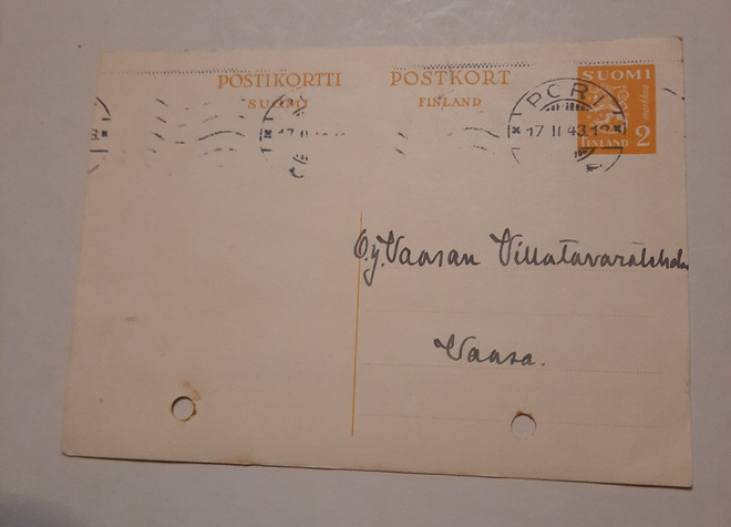 Pori Tukkuliike Helio? ehiöfirmakirjekortti 1943