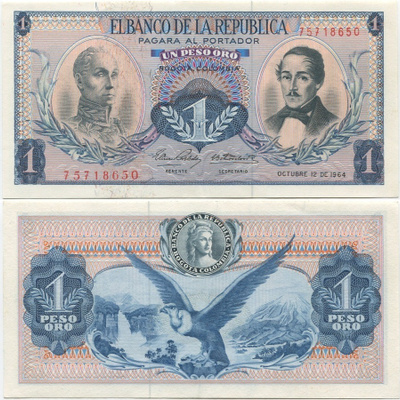 Kolumbia Colombia 1 Peso 1964 (P-404b) aUNC