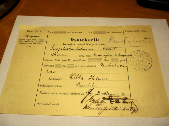1918 Ruukki kenttäpostipakettikortti Porin rintamalle
