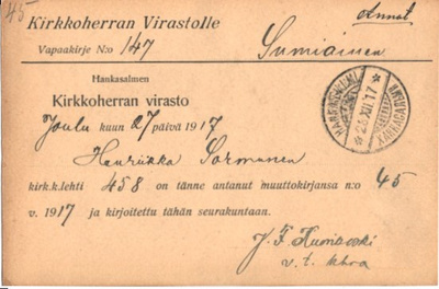 VAPAAKIRJE HANKASALMI