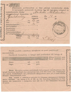 1907 kirjatun kirjeen sisäänjättö kuitti PIETARSAARI