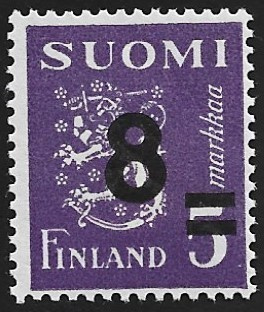 1946 M-30 Leijona Lisäp 8/5 mk violetti ** Lape 313 SP Lm2