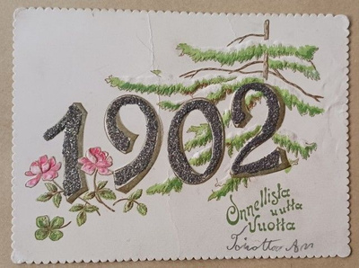 1902 Uuden Vuoden kortti, koristeleikkaus, kohopaino, k.-k