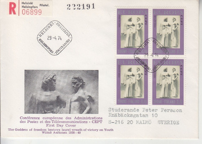 FDC 1974 Europa cept kirjattuna Ruotsiin.