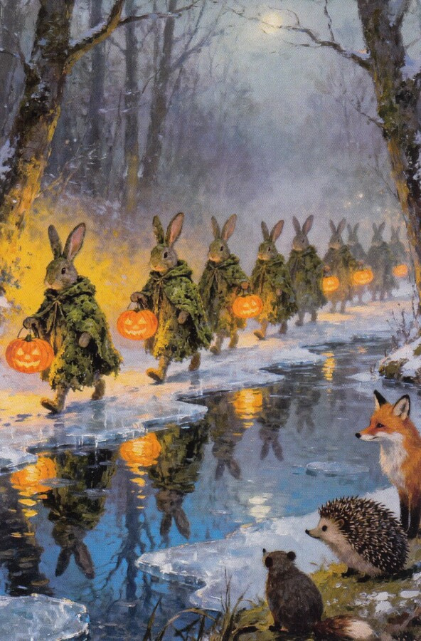 Halloween jänisten kulkue puron varrella