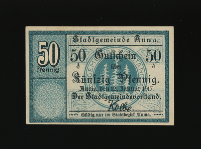 Saksa Notgeld 50 Pfennig, Auma 12.1.1917 VF+