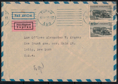 1947 30mk postiauto pari pikakirje lentopostissa USAhan