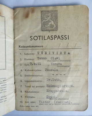 SOTILASPASSI - JATKOSODAN KERSANTTI - JAOSJOHTAJA -