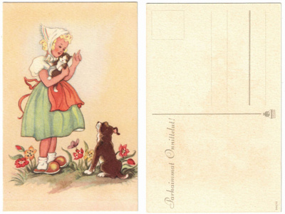 Vanha kortti, KUVATAIDE 266/10, tyttö ja kissa ja koira