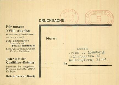 Saksa 1929 painotuote frankkeerausleimalla Suomeen
