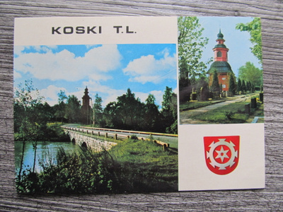 KOSKI T.L......Härkätien kivisilta, kellotapuli + vaakuna.