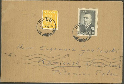 1947 Paasikivi ja 3mk keltainen kirje Puolaan