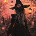 Halloween noita hautausmaalla, lyhdyt roikkuvat puusta - pikkukuva 1