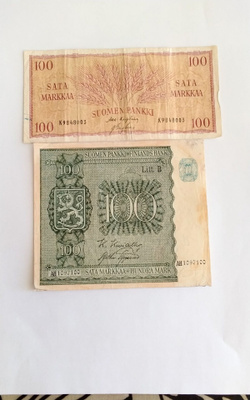 Suomi vanhat 100 markan setelit 1945 ja 1957 vuosilta