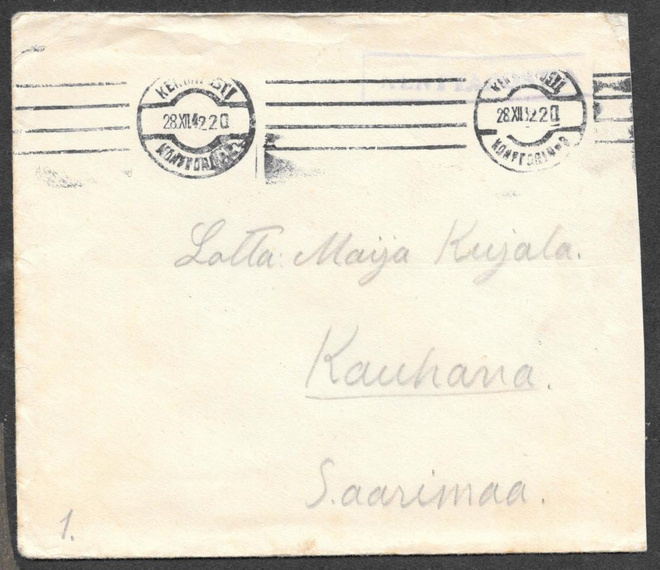 Postilähetys - Kenttäposti + KPK 2  28.12.1942