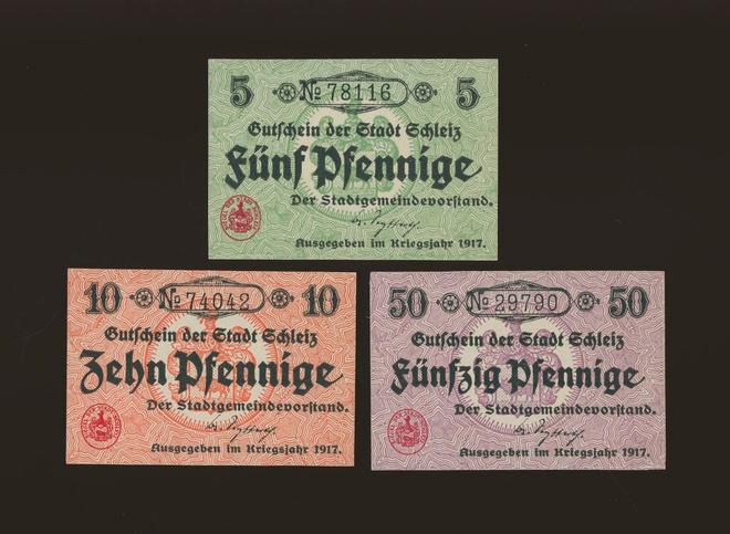 Saksa Notgeld 5, 10, 50 Pfennig, Schleiz 1917