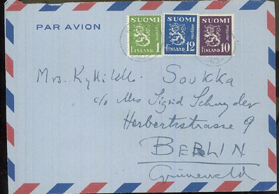 1947 12mk sin.leijona ym lentokirje Saksaan