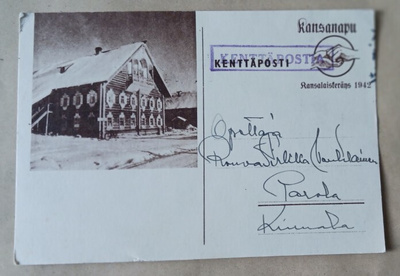 Komea karjalaistalo talvella, Kenttäpostia p. 1942