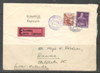 v. 1943 kirje Sveitsistä Suomeen, lipukkeita, leimoja, jne.