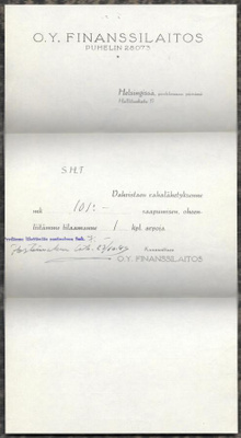 Finanssilaitos O.Y. - 2 kirjettä ja selitelappu (1943)