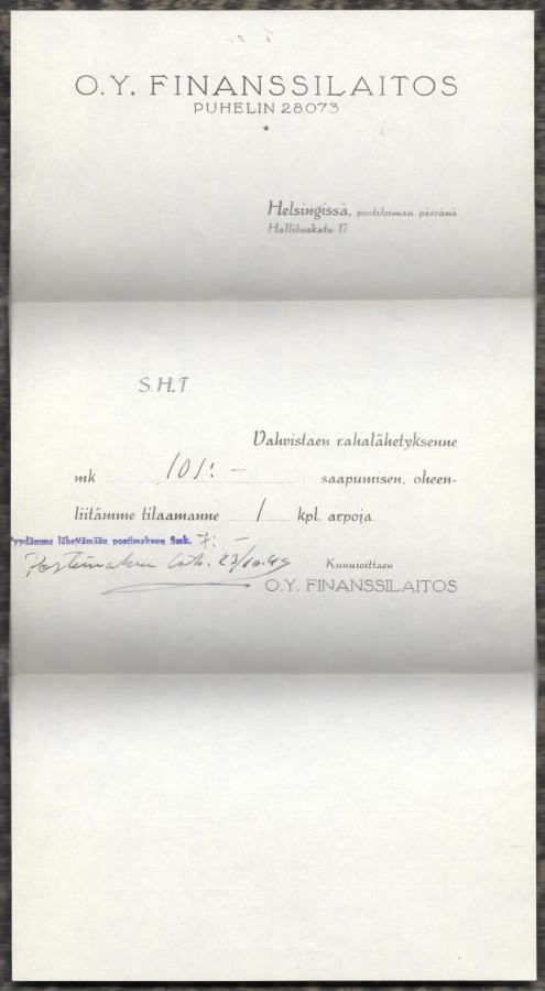 Finanssilaitos O.Y. - 2 kirjettä ja selitelappu (1943)