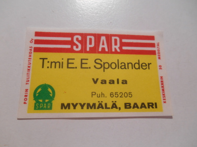 TT Etiketti SPAR T:mi E.E.Spolander Vaala