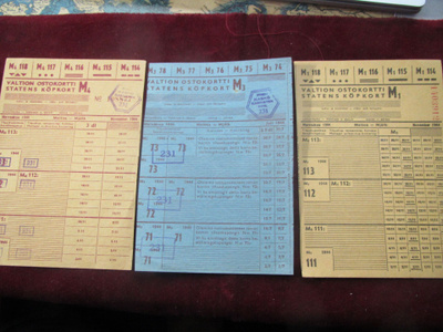 Valtion ostokortteja, maito. 3 erilaista. 1944