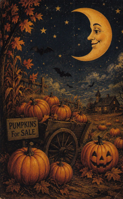Halloween kuun sirppi taivaalla, kärryllinen kurpitsoita