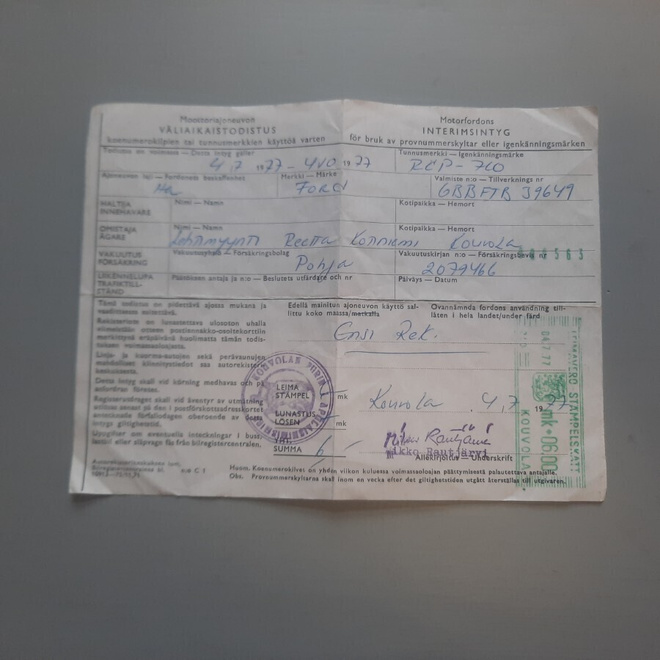 moottoriajoneuvon väliaikaistodistus Ford -77 Kouvola