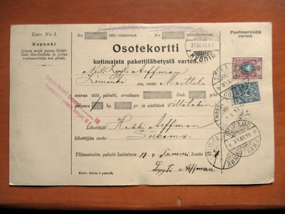 1916 Sotkamo pakettikortti via Kuopio Oulu Liminkaan sens