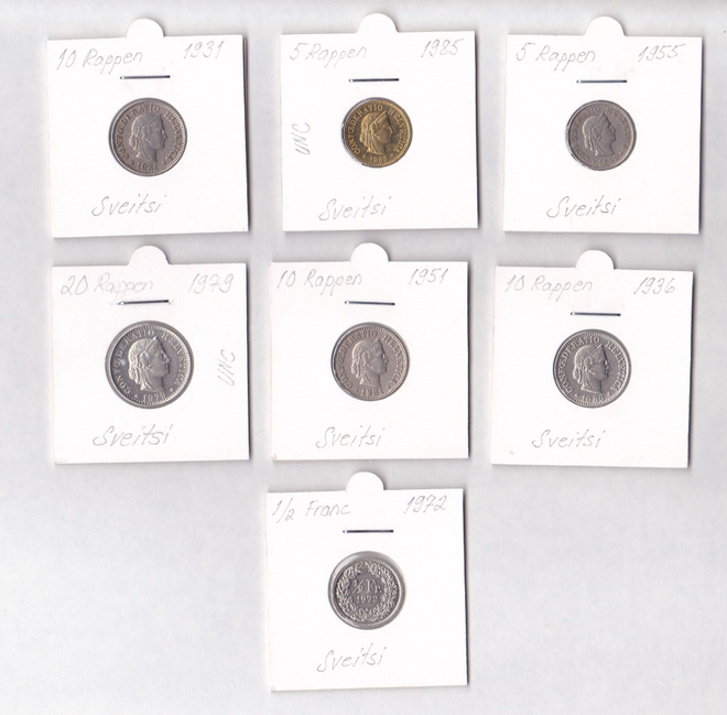 Sveitsi 5 -20 Rap- ½ Franc v.1931-1985 7 kolikkoa kehyksissä