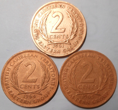 East. Caribbean States. 2 cents 1961,1964,1965.