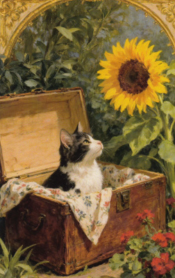 Kissa puulaatikossa