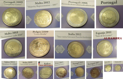 2€ UNC juhlarahoja 16x: Malta/POR/ESP/ITA/Viro/Saksa/BEL