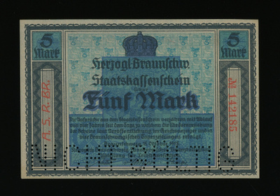 Saksa 5 Mark, Braunschweig 15.10.1918, Versio A, aUNC