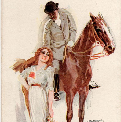 RAKKAUS / Mies hevosen selässä ja kaunis tyttö. 1910-l.