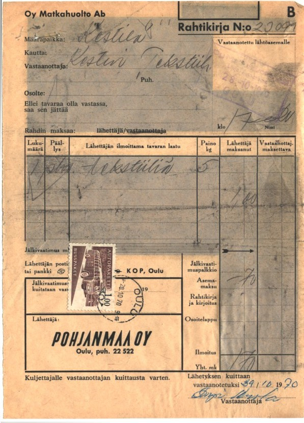 RAHTIKIRJA  MH  AUTOPAK.M. 1MK OULU-KESTIL