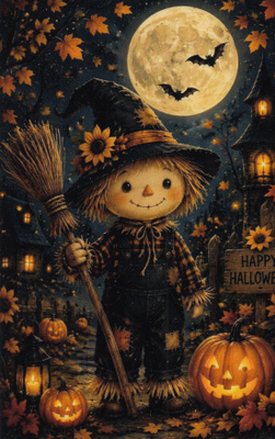 Halloween linnunpelätin luudan kanssa