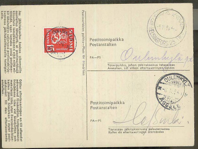 1952 M30 15mk punainen jälkitaksoituskortti  OULUNKYLÄ