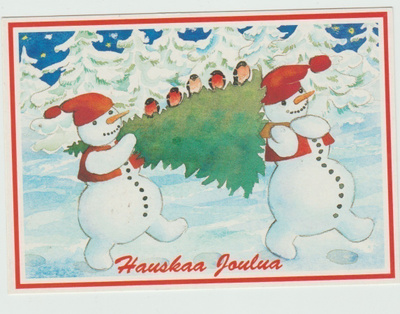 ** Lumiukot kantavat joulukuusta , tulkut kyydissä