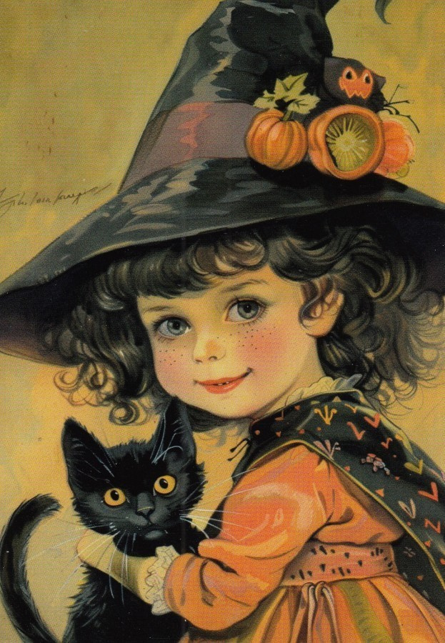 Halloween tyttö, kurpitsoilla koristeltu noitahattu