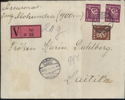 M30 1941 vakuutettu kirje Porista Laitilaan