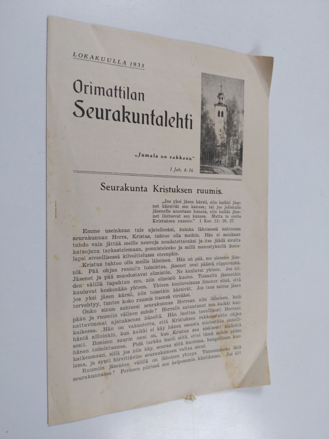 Orimattilan seurakuntalehti lokakuulla 1935