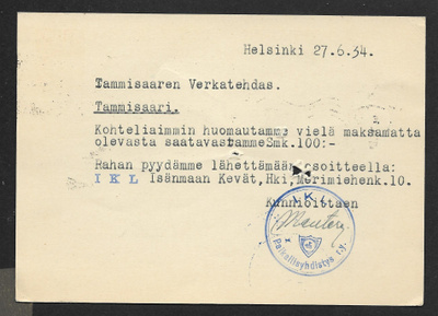Maksuhuomautus - IKL paikallisyhdistyksen leima Helsinki