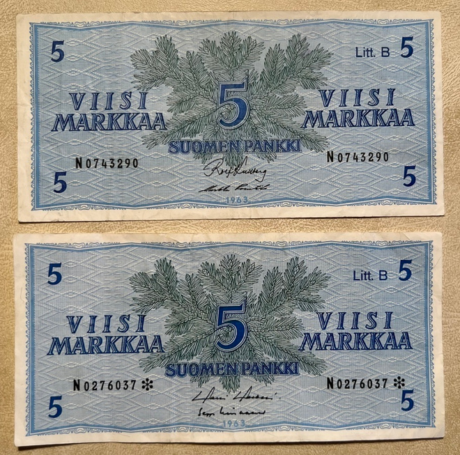 Setelipari Suomi 5 mk 1963, tähdellä ja ilman